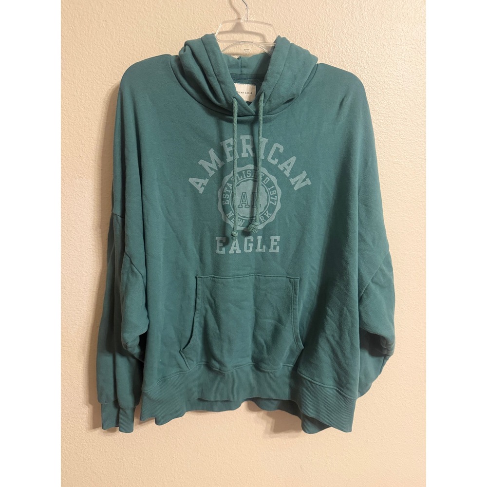American Eagle Hoodie Womens L Green Good Oversized Graphic Pullover Fleece